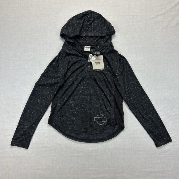 Harley-Davidson Tops - Harley-Davidson NEW Lace Accent Hooded Henley Shirt Women's Large Gray Black Top